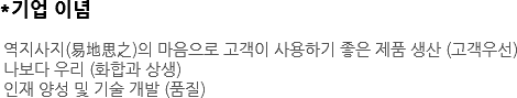 *기업 이념 역지사지(易地思之)의 마음으로 고객이 사용하기 좋은 제품 생산 (고객우선) 나보다 우리 (화합과 상생) 인재 양성 및 기술 개발 (품질) 