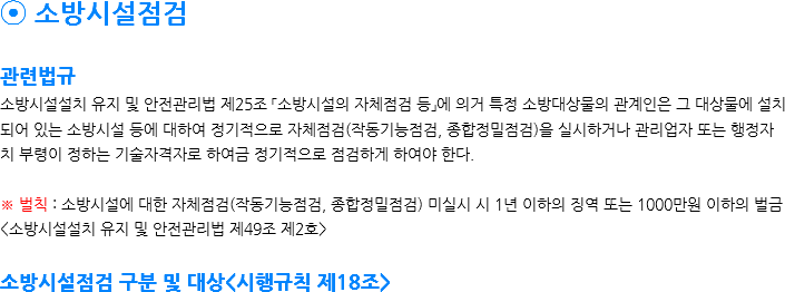 ⦿ 소방시설점검 관련법규
소방시설설치 유지 및 안전관리법 제25조 「소방시설의 자체점검 등」에 의거 특정 소방대상물의 관계인은 그 대상물에 설치되어 있는 소방시설 등에 대하여 정기적으로 자체점검(작동기능점검, 종합정밀점검)을 실시하거나 관리업자 또는 행정자치 부령이 정하는 기술자격자로 하여금 정기적으로 점검하게 하여야 한다. ※ 벌칙 : 소방시설에 대한 자체점검(작동기능점검, 종합정밀점검) 미실시 시 1년 이하의 징역 또는 1000만원 이하의 벌금<소방시설설치 유지 및 안전관리법 제49조 제2호> 소방시설점검 구분 및 대상<시행규칙 제18조>
